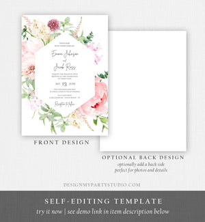 Editable Botanical Flowers Wedding Invitation Floral Greenery Vintage Spring Pink Peony Colors Digital Corjl Template Printable 0167