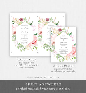 Editable Botanical Flowers Wedding Invitation Floral Greenery Vintage Spring Pink Peony Colors Digital Corjl Template Printable 0167