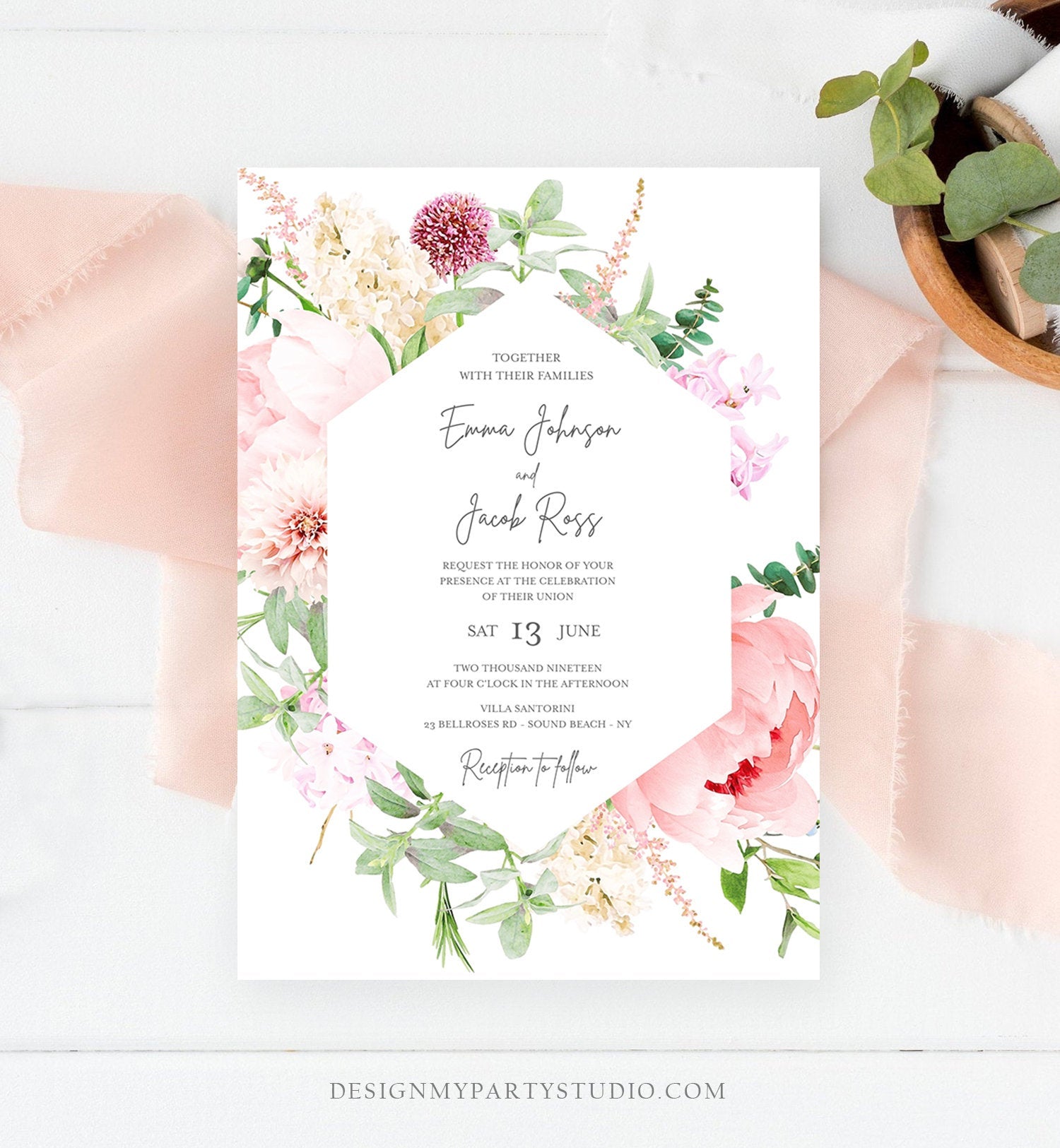 Editable Botanical Flowers Wedding Invitation Floral Greenery Vintage Spring Pink Peony Colors Digital Corjl Template Printable 0167
