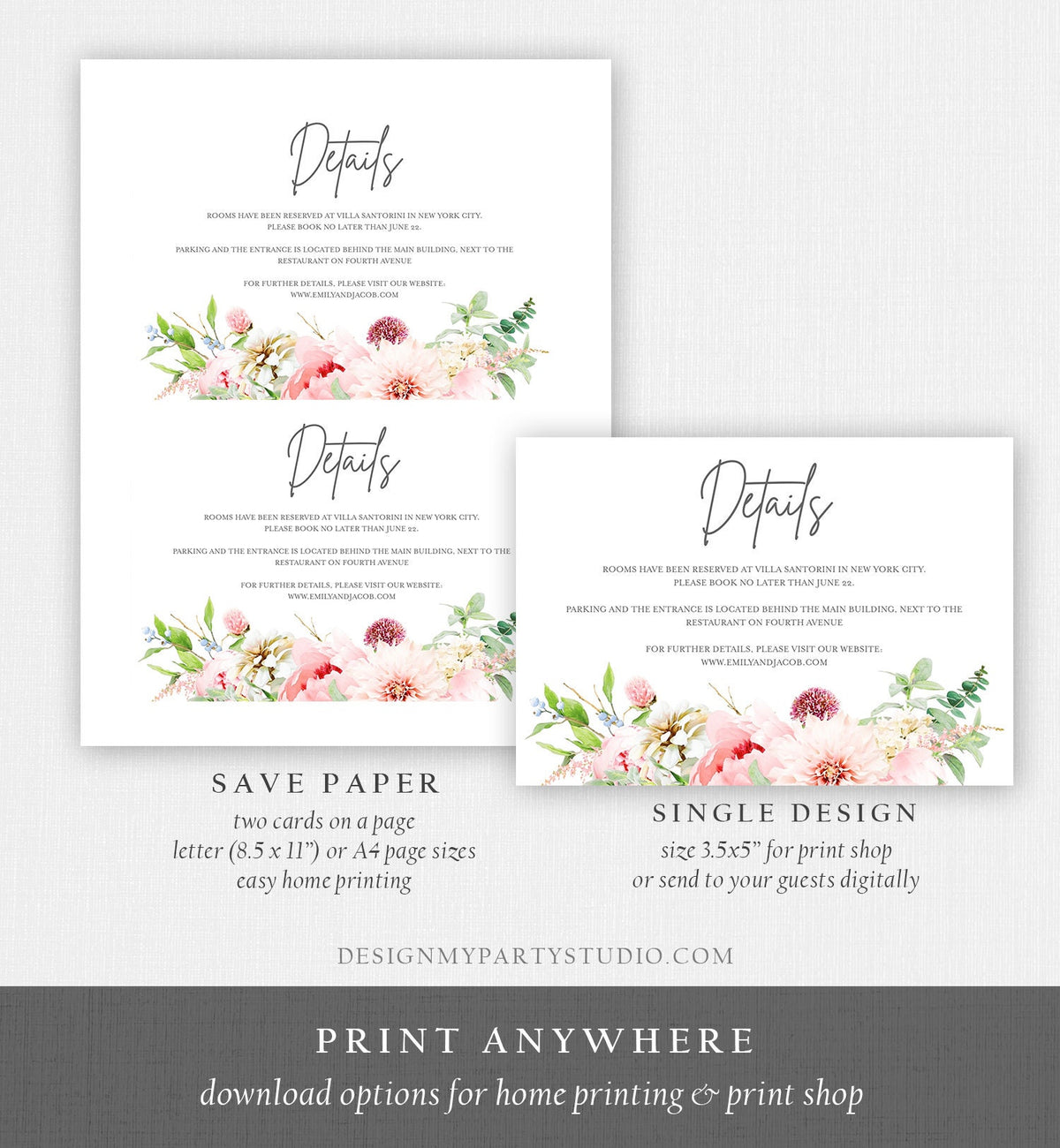 Editable Botanical Flowers Details Card Wedding Insert Card Greenery Pink Peony Information Enclosure Corjl Template Printable 0167