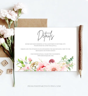 Editable Botanical Flowers Details Card Wedding Insert Card Greenery Pink Peony Information Enclosure Corjl Template Printable 0167