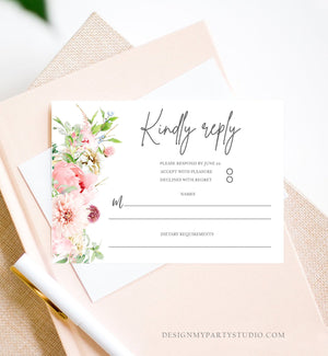 Editable Botanical Flowers RSVP Card Wedding Pink Floral Blush Watercolor Greenery Kindly Reply Peony Flowers Corjl Template Printable 0167