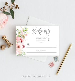 Editable Botanical Flowers RSVP Card Wedding Pink Floral Blush Watercolor Greenery Kindly Reply Peony Flowers Corjl Template Printable 0167