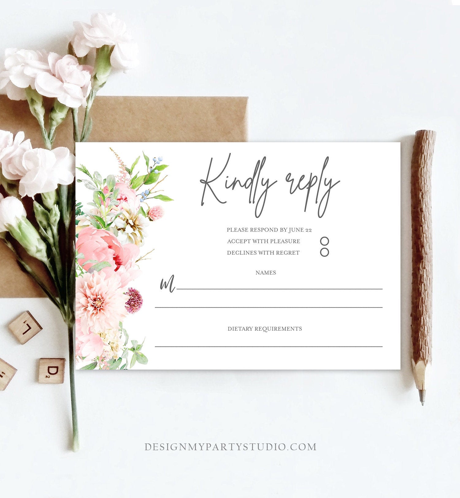 Editable Botanical Flowers RSVP Card Wedding Pink Floral Blush Watercolor Greenery Kindly Reply Peony Flowers Corjl Template Printable 0167