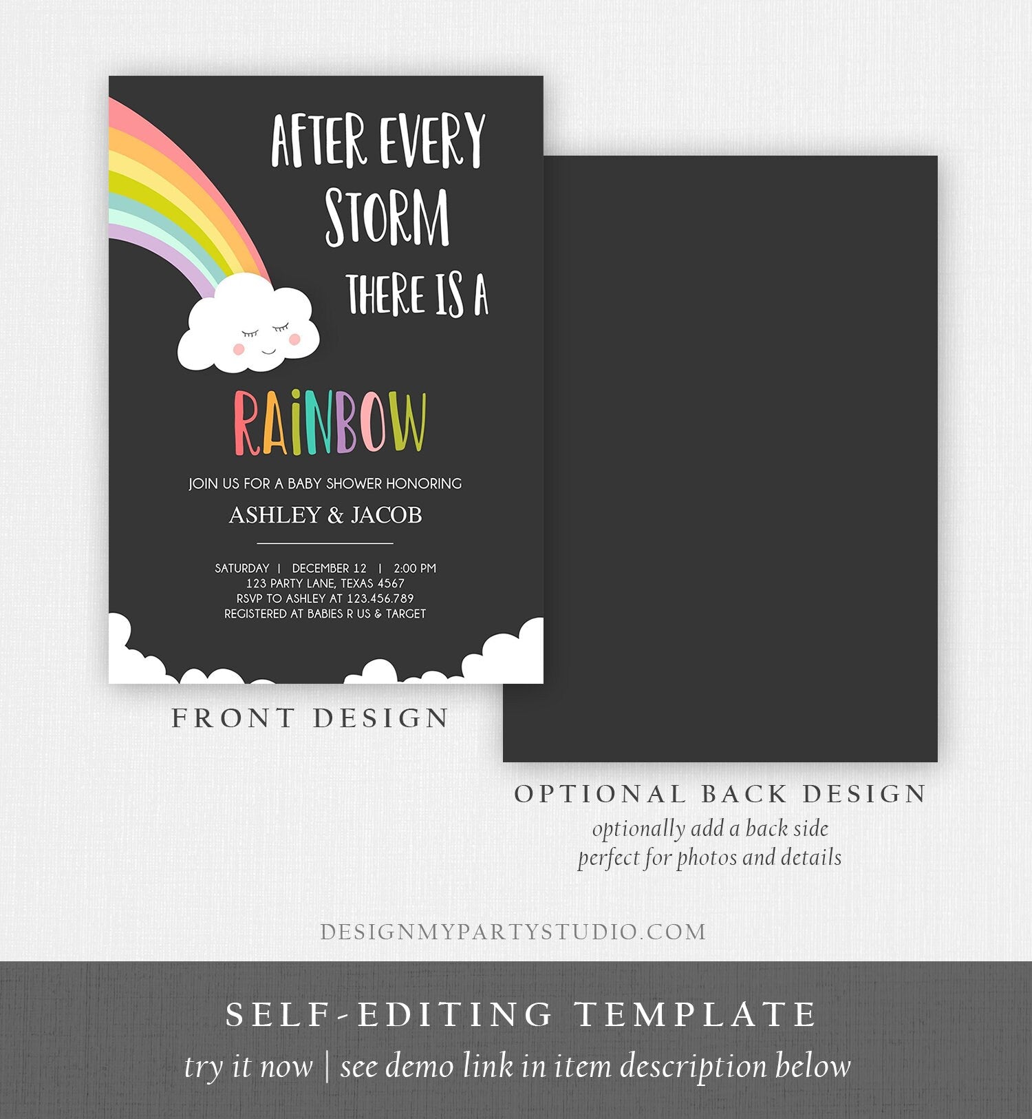 Editable Rainbow Baby Shower Invitation Rainbow Baby After a Loss Cloud Gender Neutral Download Printable Template Corjl Digital 0233