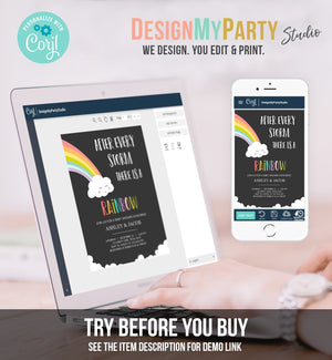 Editable Rainbow Baby Shower Invitation Rainbow Baby After a Loss Cloud Gender Neutral Download Printable Template Corjl Digital 0233