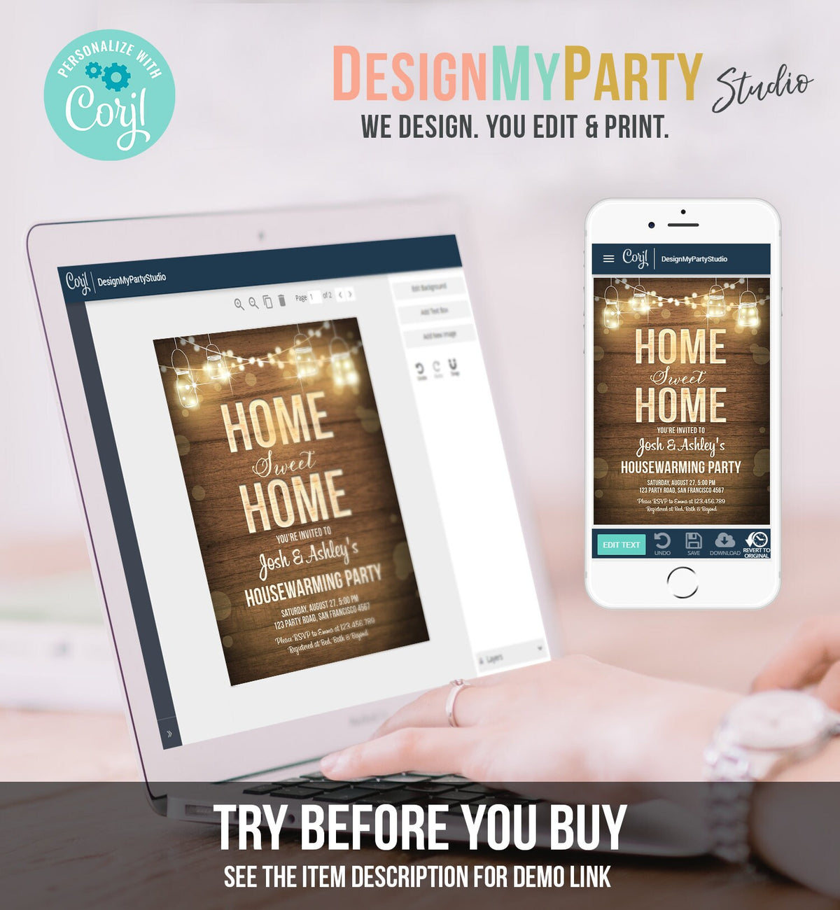 Editable Home Sweet Home Housewarming Invitation New Home Couples Party Rustic Wood String Lights Download Corjl Template Printable 0015