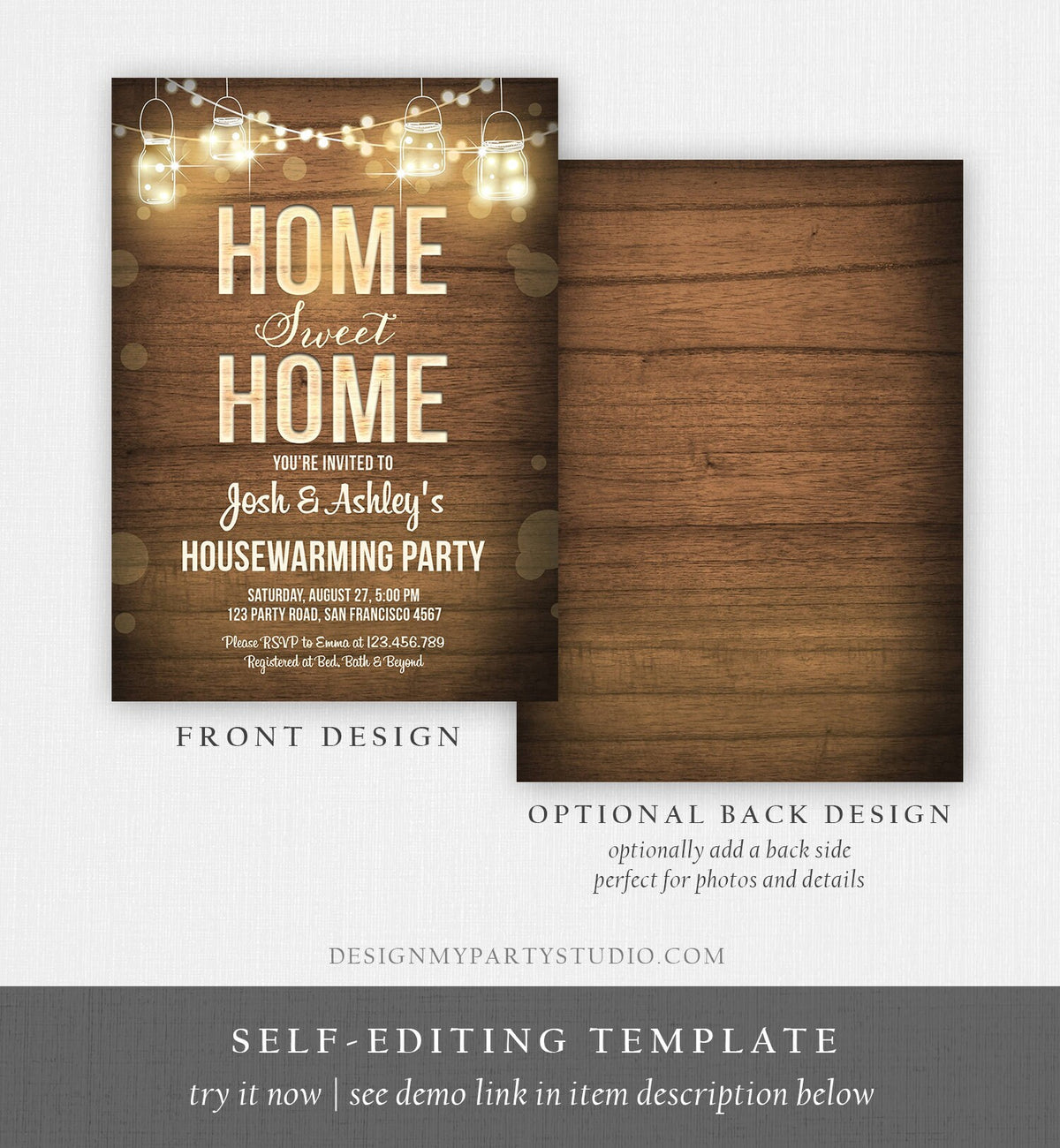Editable Home Sweet Home Housewarming Invitation New Home Couples Party Rustic Wood String Lights Download Corjl Template Printable 0015