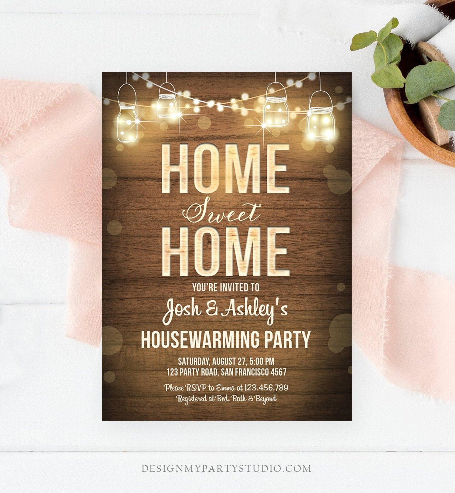 Editable Home Sweet Home Housewarming Invitation New Home Couples Party Rustic Wood String Lights Download Corjl Template Printable 0015