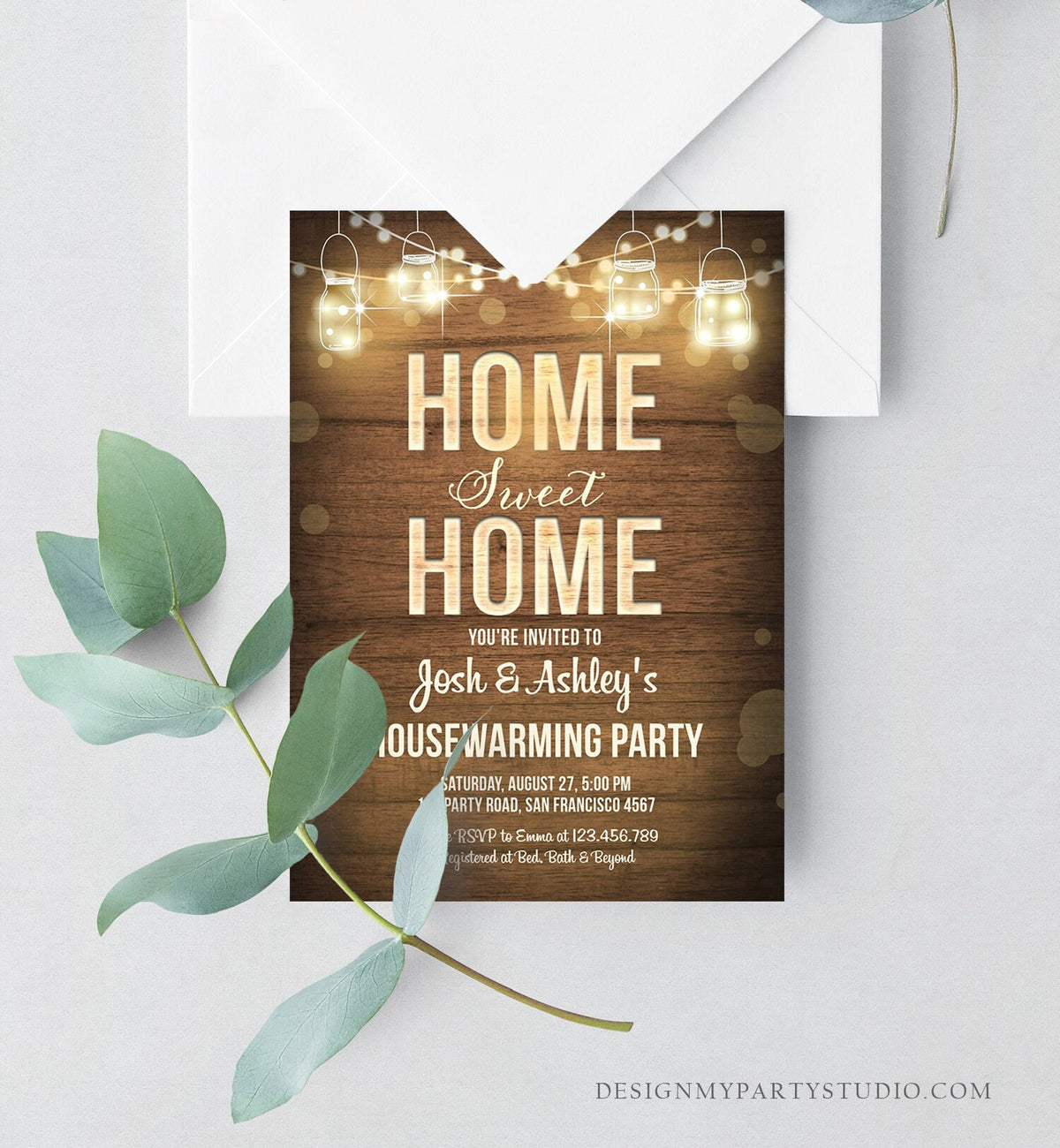 Editable Home Sweet Home Housewarming Invitation New Home Couples Party Rustic Wood String Lights Download Corjl Template Printable 0015