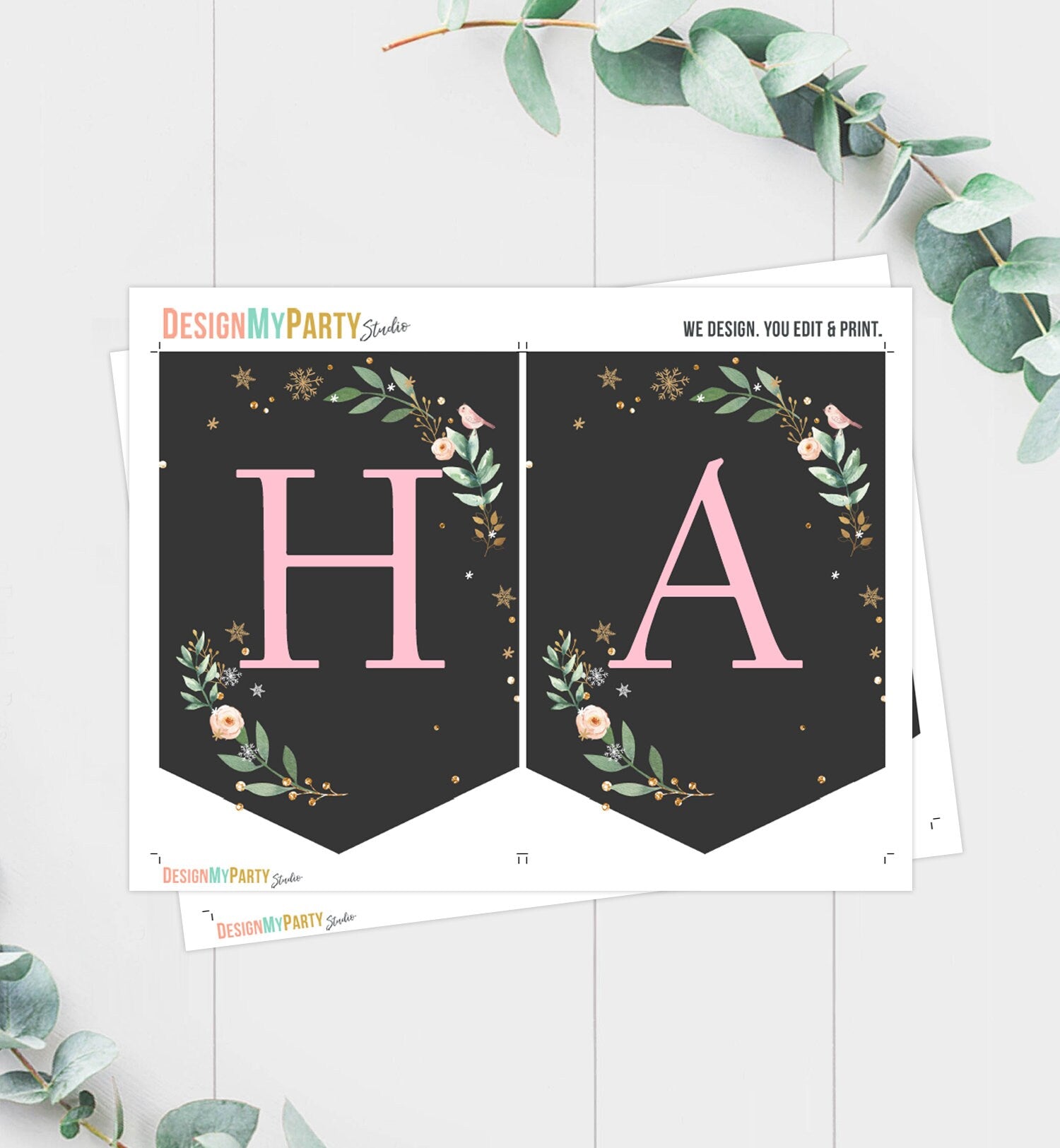 Happy Birthday Banner Winter Onederland Decorations Banner Winter Woodland Animals Girl Pink Gold Deer Download PRINTABLE DIGITAL DIY 0265