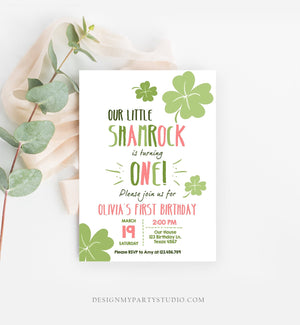 Editable St. Patrick's Day Birthday Invitation Shamrock Pink Clover St Patricks day Birthday Lucky One Printable Invite Template Corjl 0289