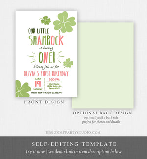 Editable St. Patrick's Day Birthday Invitation Shamrock Pink Clover St Patricks day Birthday Lucky One Printable Invite Template Corjl 0289