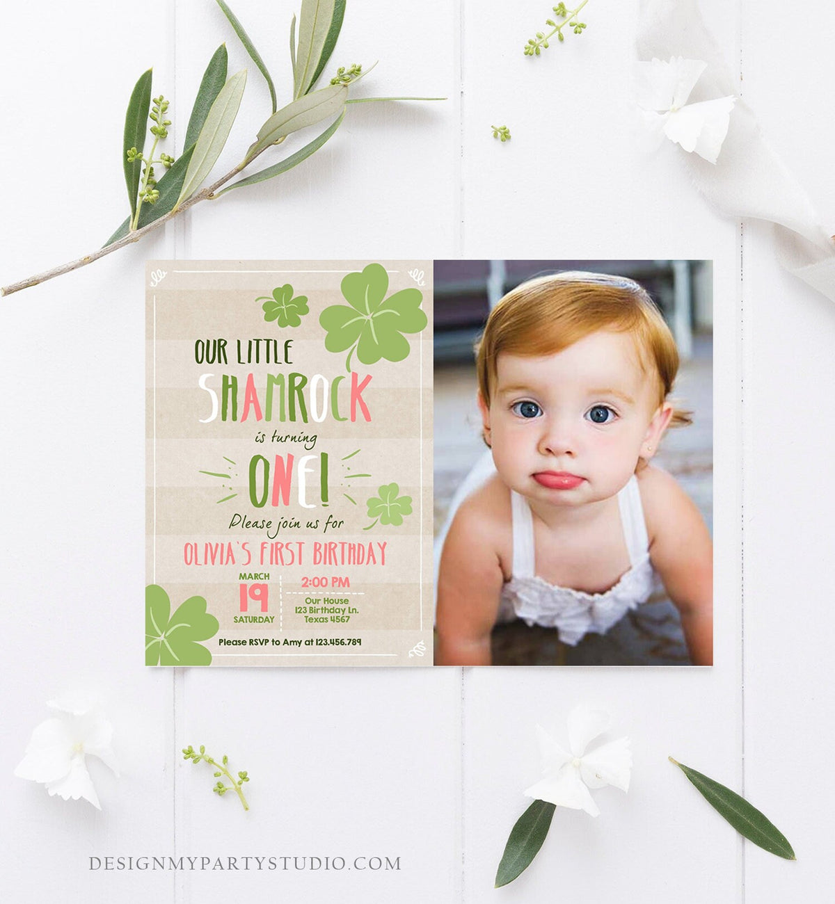 Editable St. Patrick's Day Birthday Invitation Shamrock Pink Clover St Patricks day Birthday Lucky One Printable Invite Template Corjl 0289
