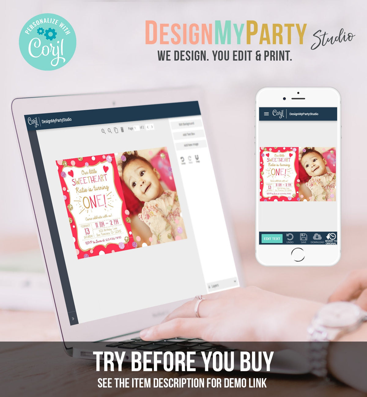 Editable Valentines Birthday Invitation Little Sweetheart Birthday Girl Pink Red First Birthday Download Corjl Template Printable 0299