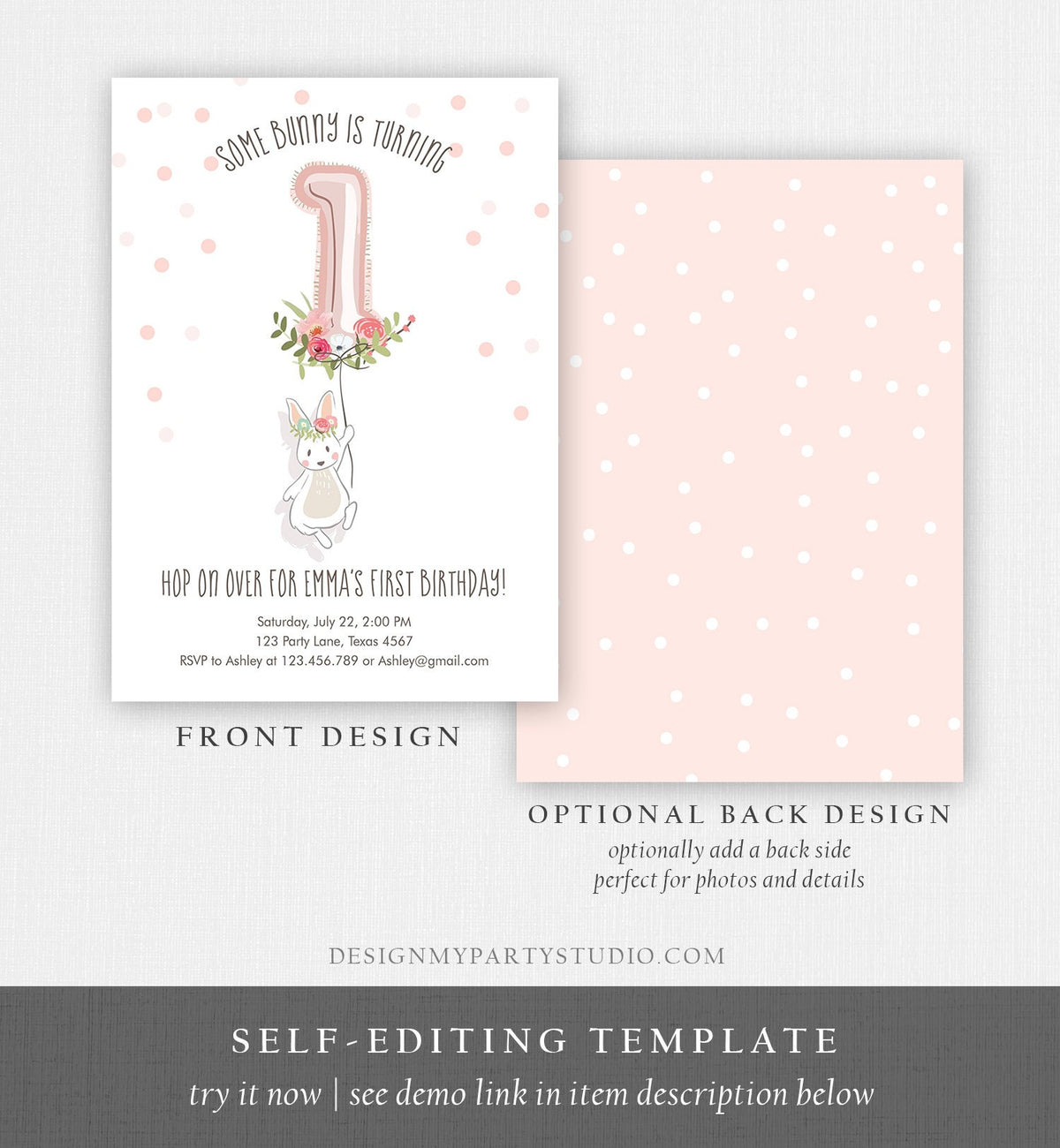 Editable Bunny Birthday Invitation Girl 1st Birthday Pink Gold Floral Bunny Spring Birthday Blush Printable Template Download Corjl 0117