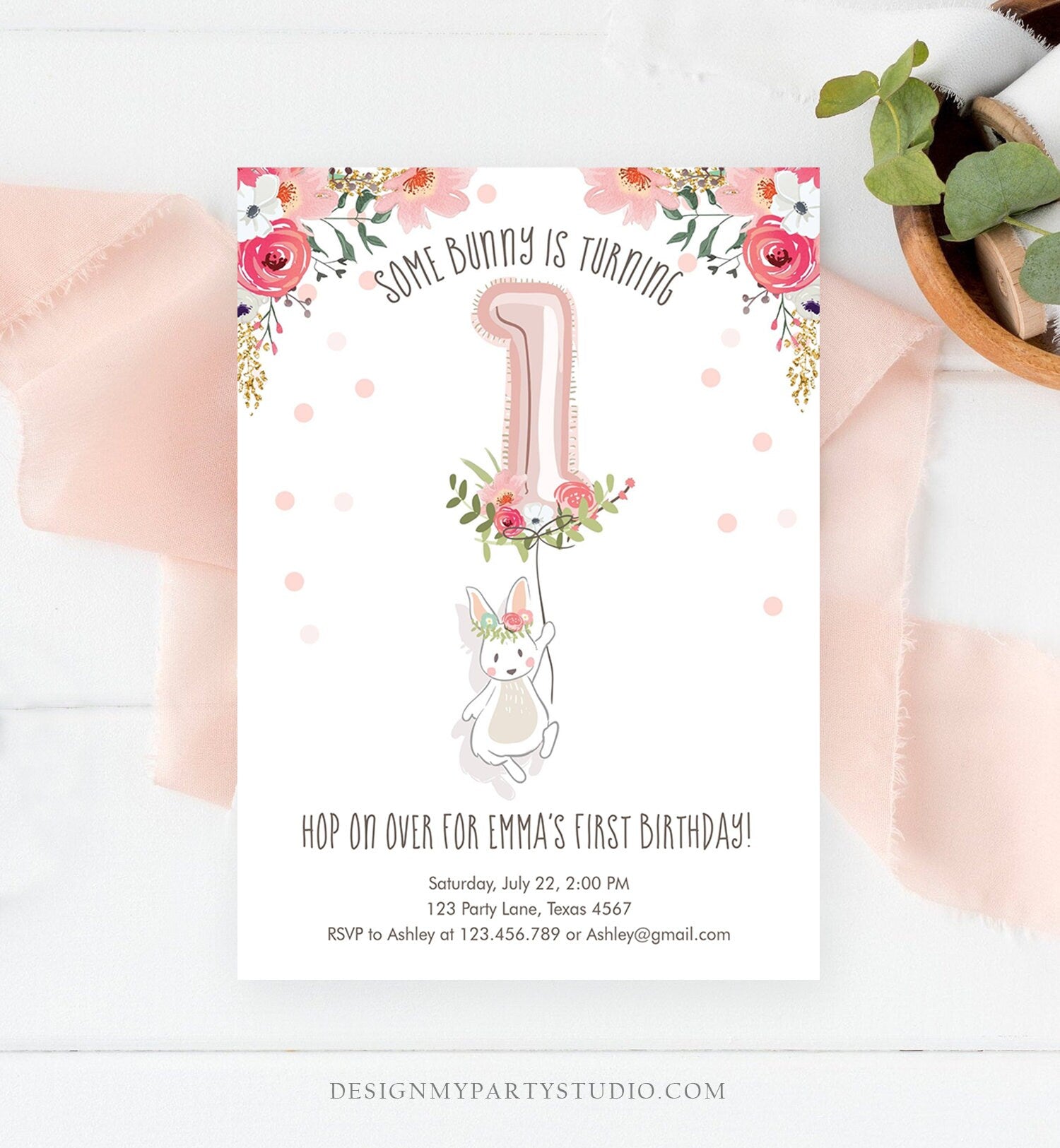 Editable Bunny Birthday Invitation Girl 1st Birthday Pink Gold Floral Bunny Spring Birthday Blush Printable Template Download Corjl 0117