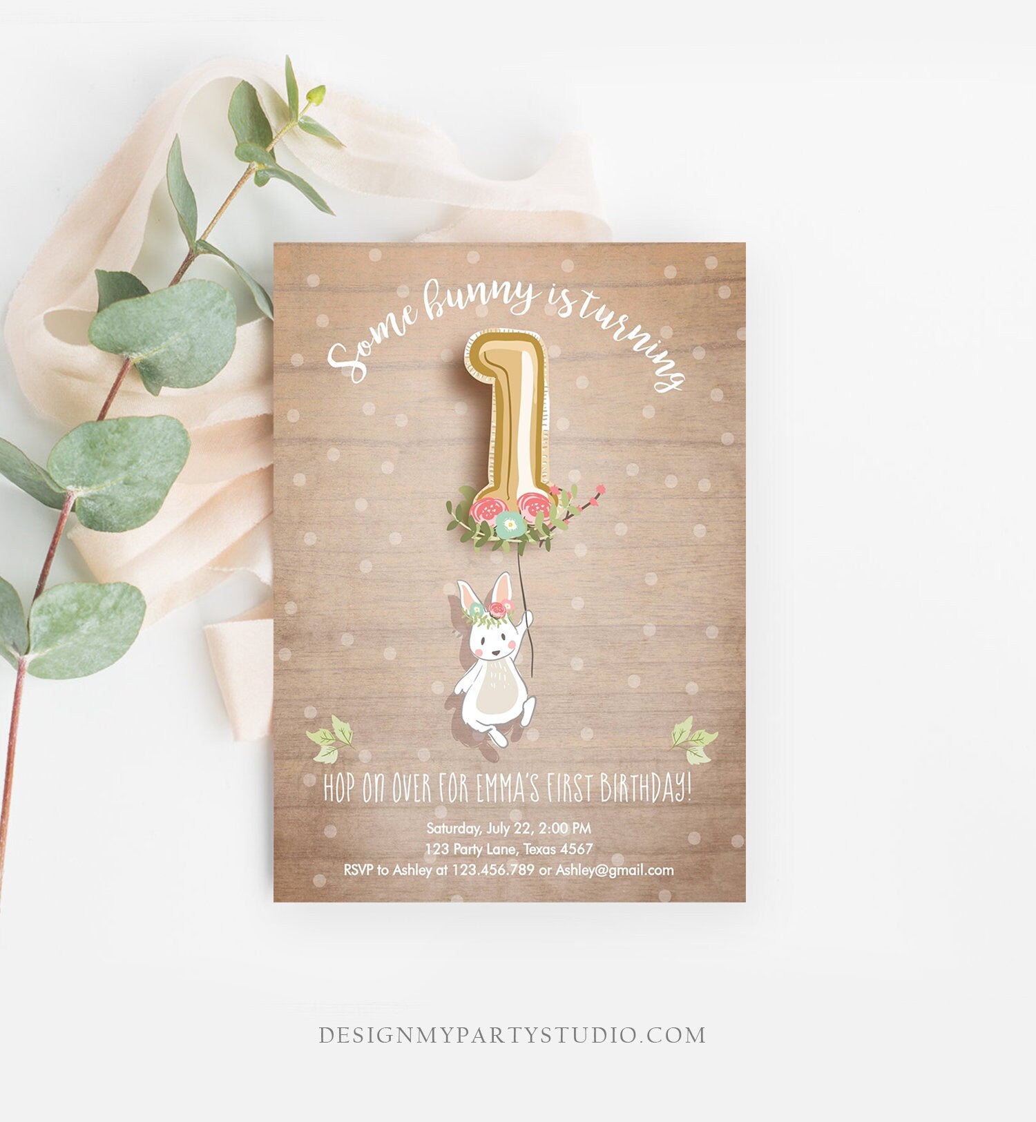 Editable Bunny Birthday Invitation Girl 1st Birthday Pink Gold Floral Bunny Spring Birthday Wood Printable Template Download Corjl 0117