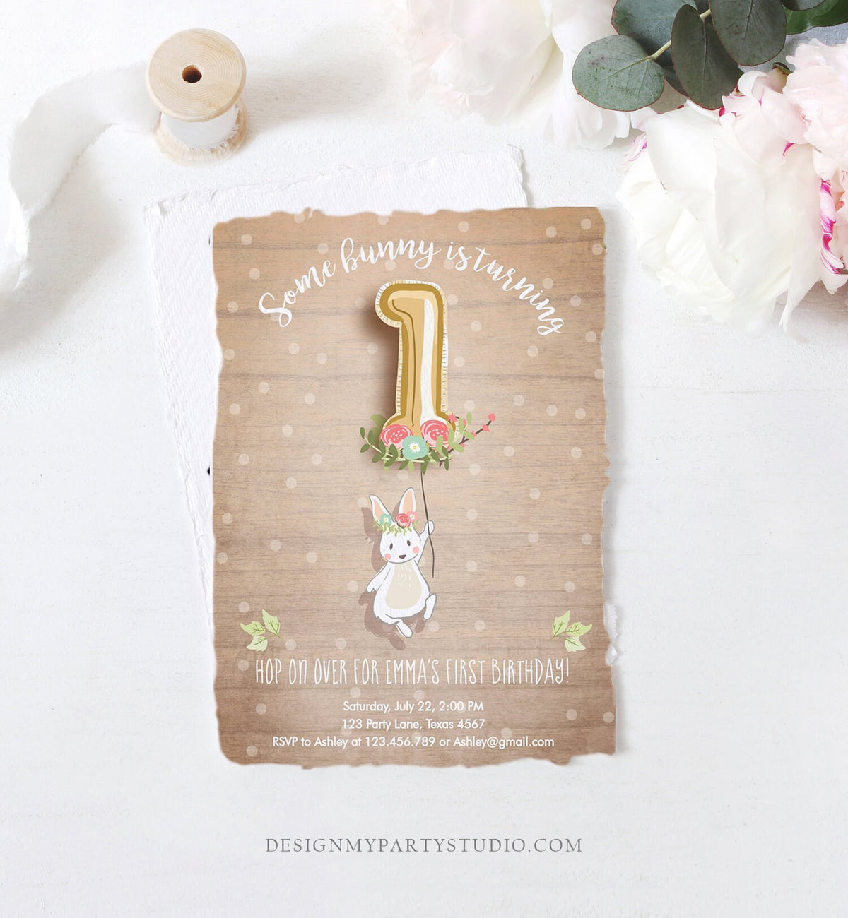 Editable Bunny Birthday Invitation Girl 1st Birthday Pink Gold Floral Bunny Spring Birthday Wood Printable Template Download Corjl 0117