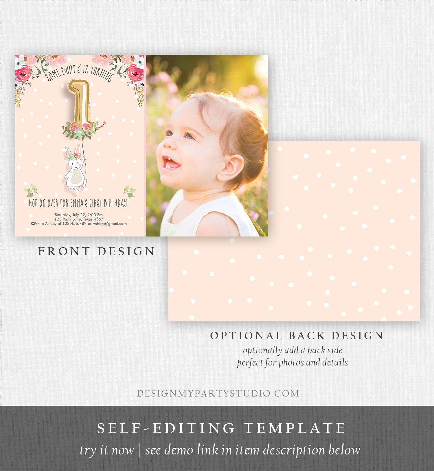 Editable Bunny Birthday Invitation Girl 1st Birthday Pink Gold Floral Bunny Spring Birthday Blush Printable Template Download Corjl 0117
