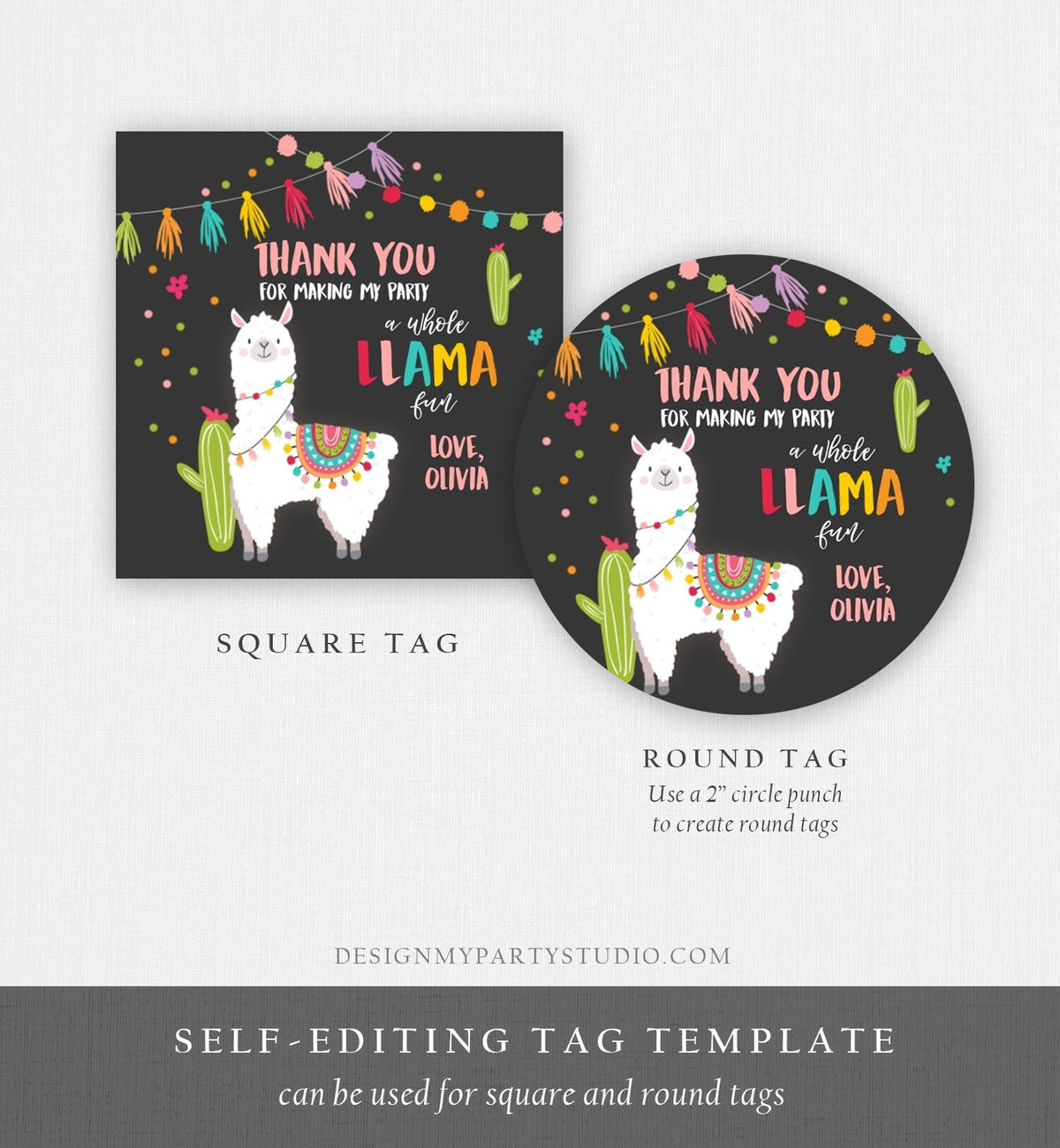 Editable Llama Thank You Favor Tags Baby Shower Llama Stickers Fiesta Cactus Alpaca Mexican Llama Birthday Girl Pink Corjl Template 0079
