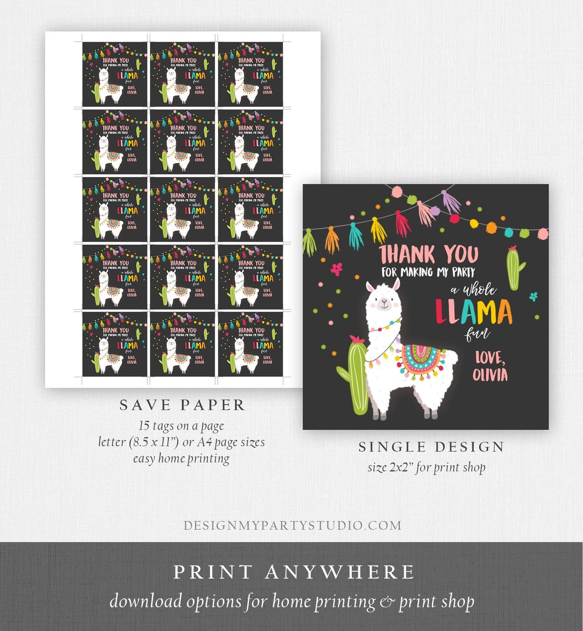Editable Llama Thank You Favor Tags Baby Shower Llama Stickers Fiesta Cactus Alpaca Mexican Llama Birthday Girl Pink Corjl Template 0079