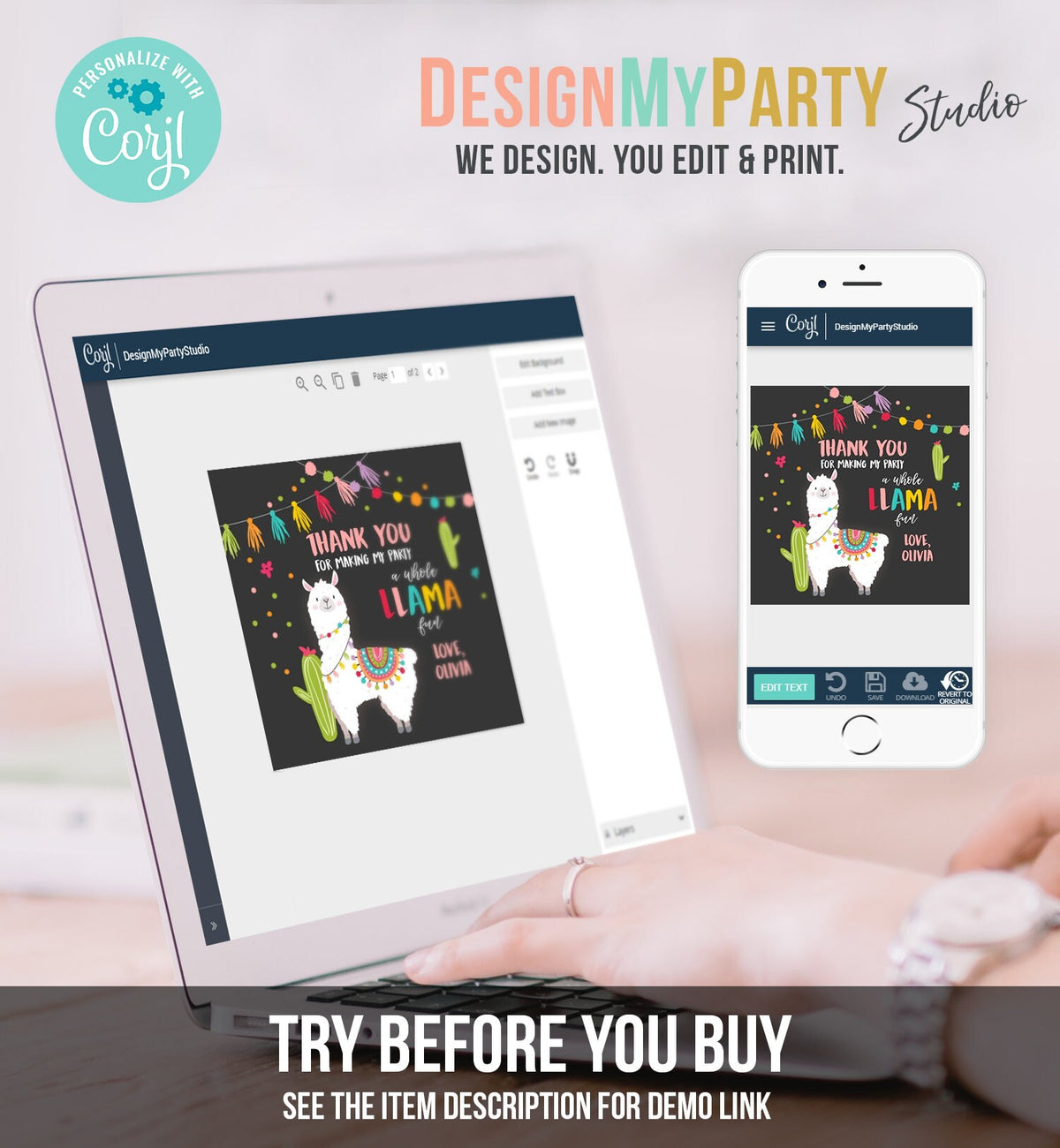 Editable Llama Thank You Favor Tags Baby Shower Llama Stickers Fiesta Cactus Alpaca Mexican Llama Birthday Girl Pink Corjl Template 0079