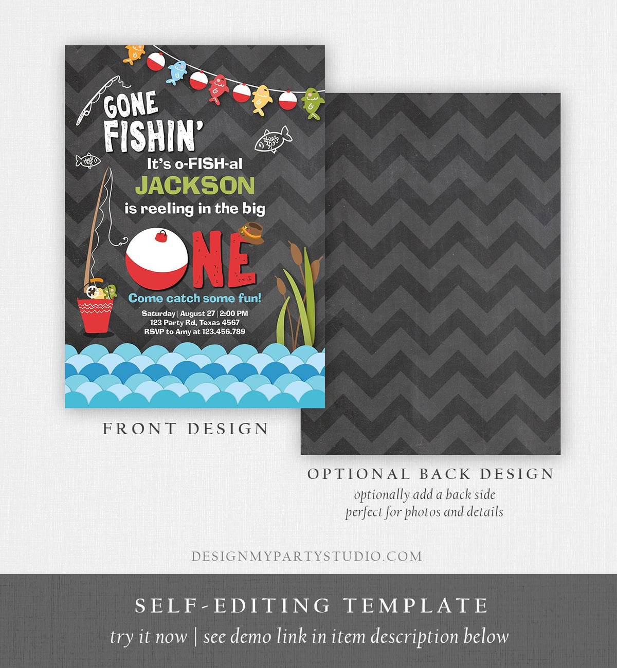 Editable First Birthday Fishing Invitation Fishing Party The Big One O-fish-al Gone Fishing Boy Download Printable Template Corjl 0080