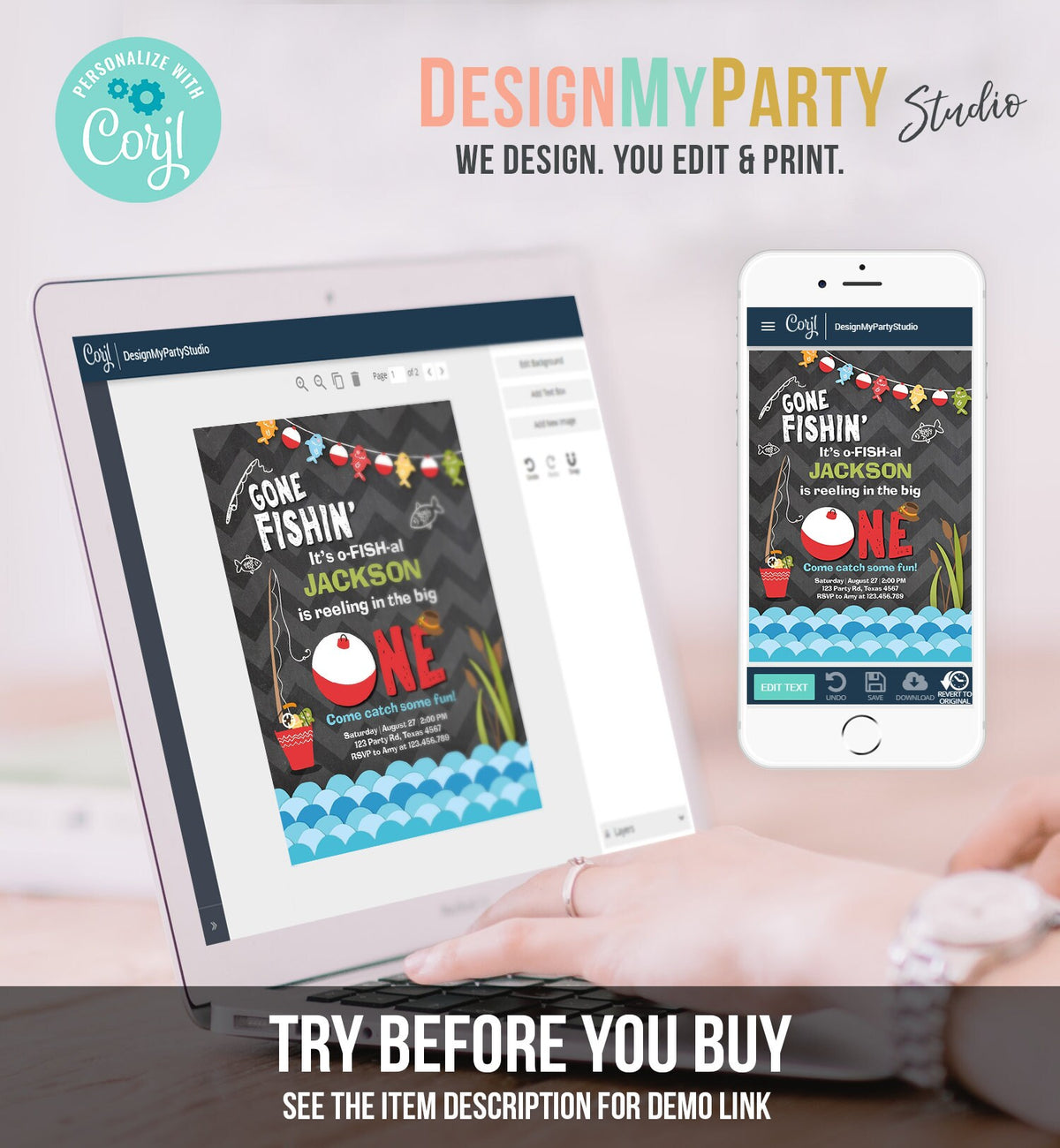 Editable First Birthday Fishing Invitation Fishing Party The Big One O-fish-al Gone Fishing Boy Download Printable Template Corjl 0080