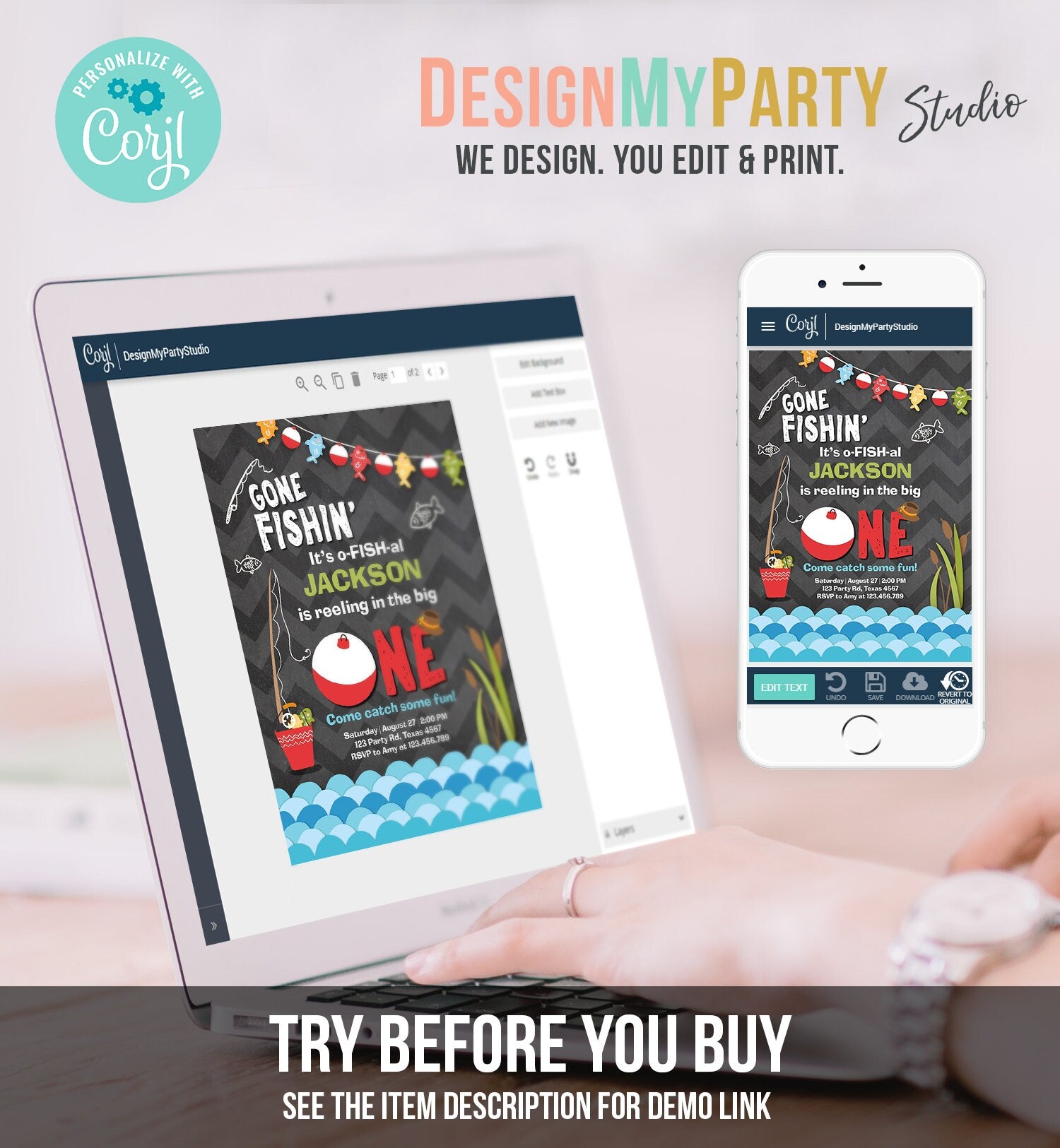 Editable First Birthday Fishing Invitation Fishing Party The Big One O-fish-al Gone Fishing Boy Download Printable Template Corjl 0080