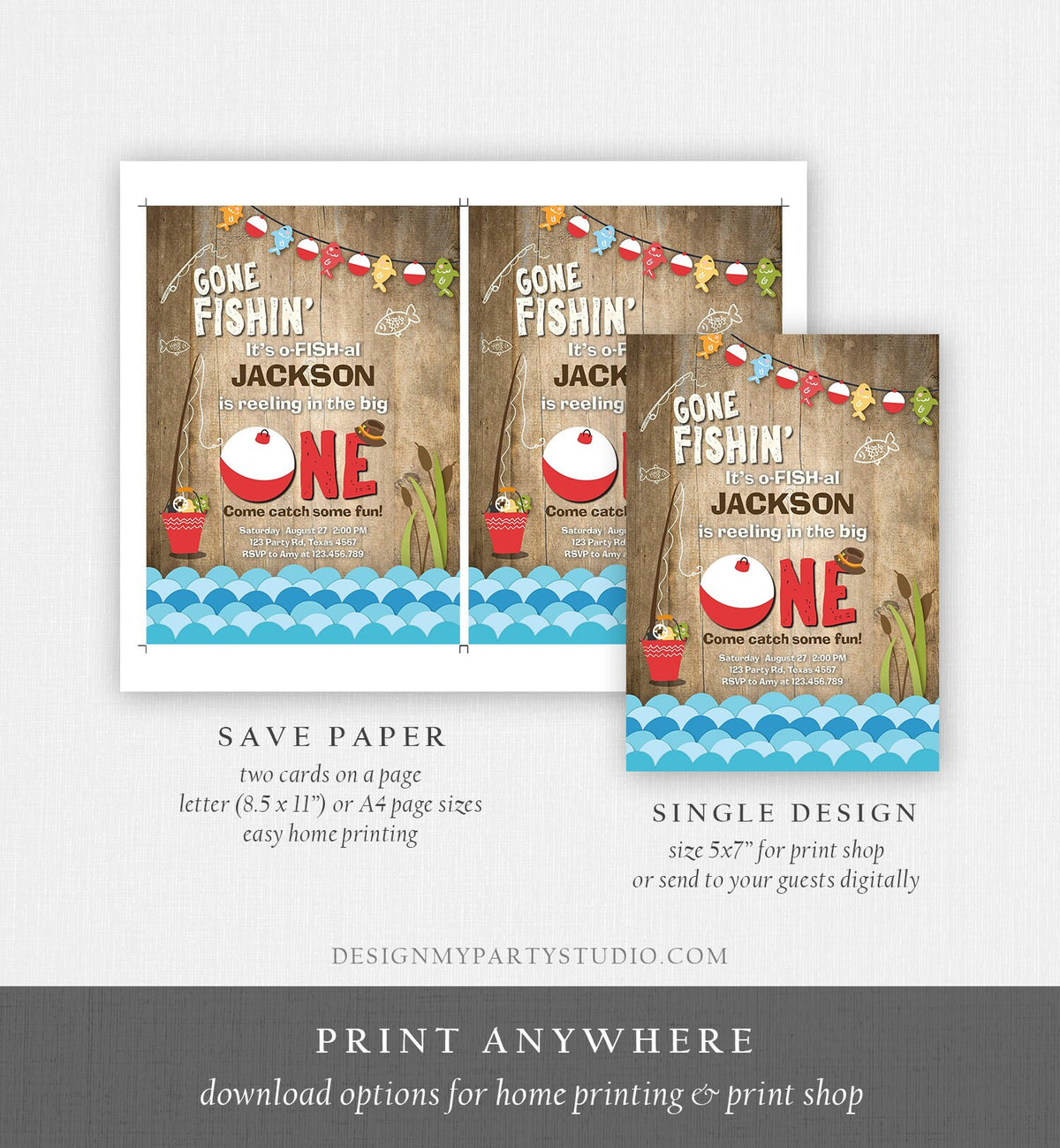 Editable First Birthday Fishing Invitation Fishing Party The Big One O-fish-al Gone Fishing Boy Download Printable Template Corjl 0080