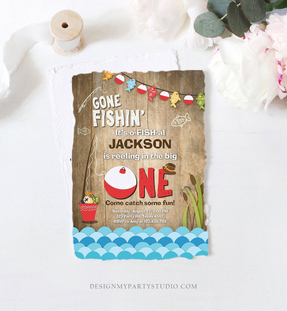 Editable First Birthday Fishing Invitation Fishing Party The Big One O-fish-al Gone Fishing Boy Download Printable Template Corjl 0080