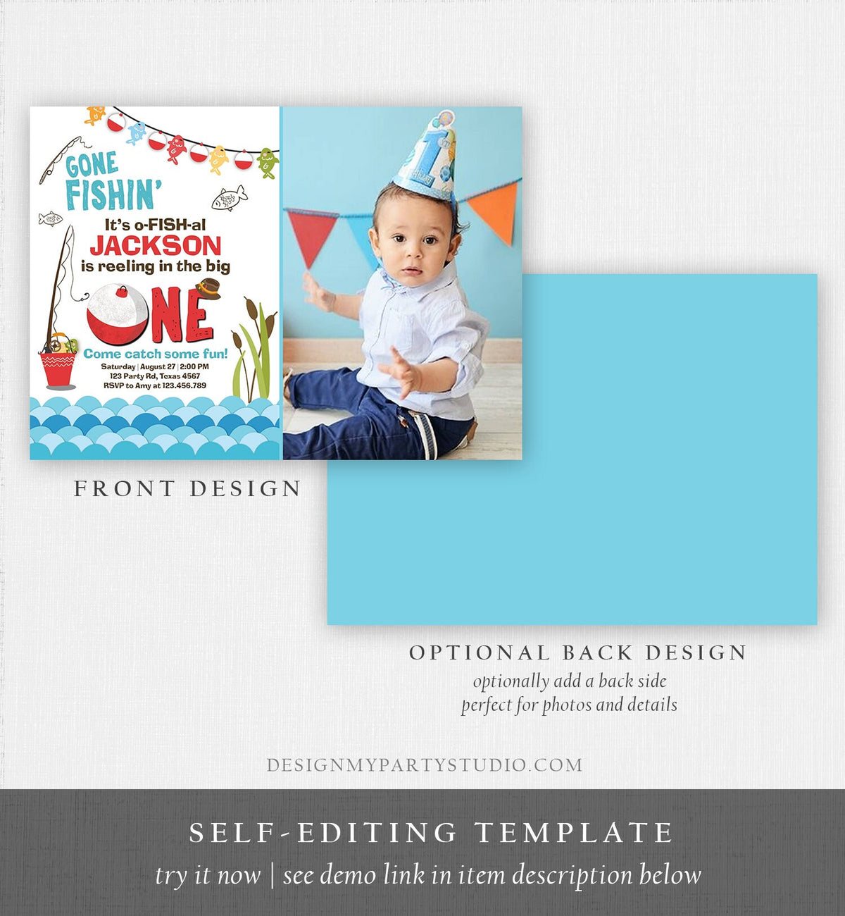 Editable First Birthday Fishing Invitation Fishing Party The Big One O-fish-al Gone Fishing Boy Download Printable Template Corjl 0080