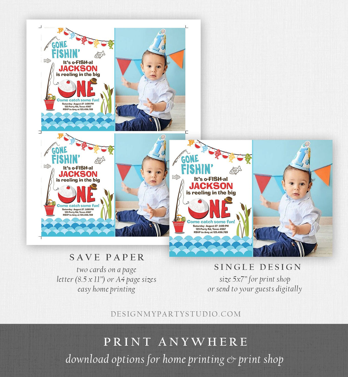 Editable First Birthday Fishing Invitation Fishing Party The Big One O-fish-al Gone Fishing Boy Download Printable Template Corjl 0080