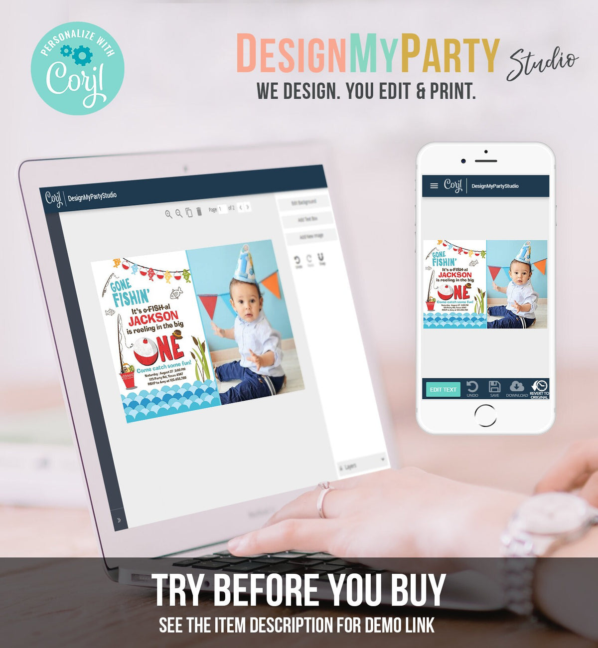 Editable First Birthday Fishing Invitation Fishing Party The Big One O-fish-al Gone Fishing Boy Download Printable Template Corjl 0080