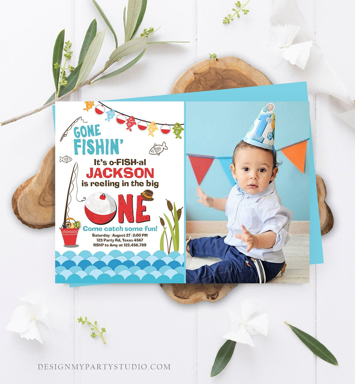 Editable First Birthday Fishing Invitation Fishing Party The Big One O-fish-al Gone Fishing Boy Download Printable Template Corjl 0080