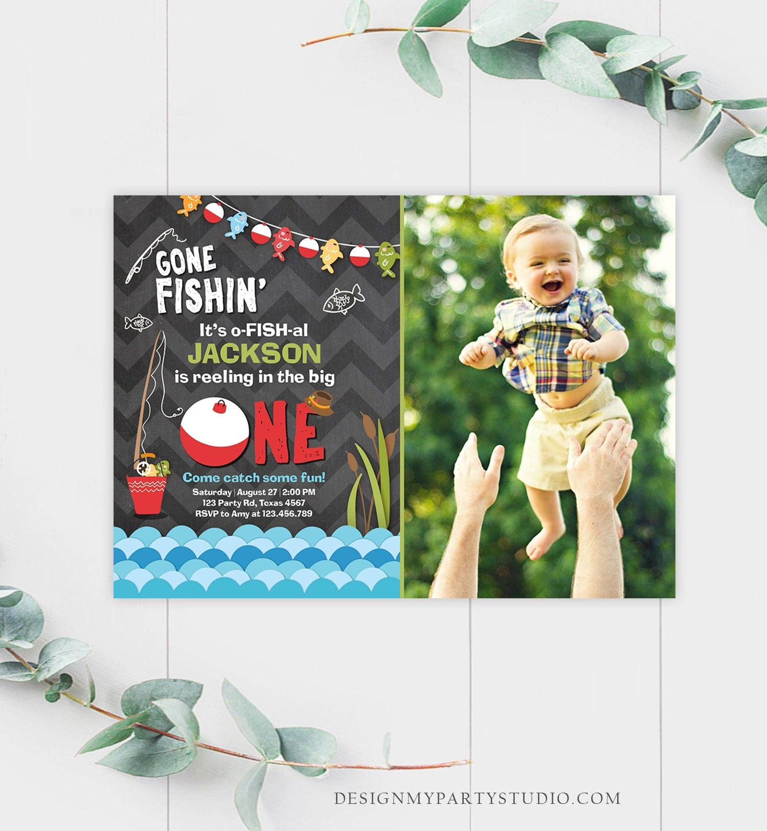 Editable First Birthday Fishing Invitation Fishing Party The Big One O-fish-al Gone Fishing Boy Chalk Download Printable Template Corjl 0080