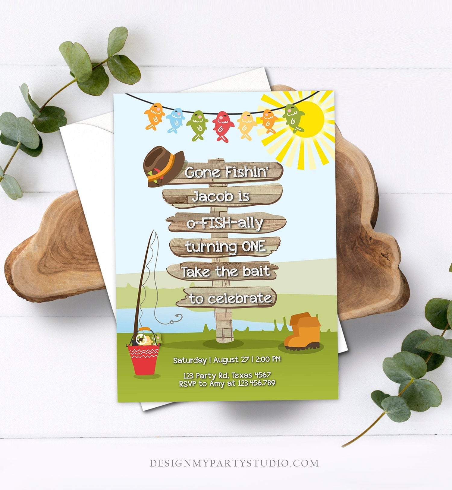 Editable First Birthday Fishing Invitation Fishing Party The Big One O-fish-al Gone Fishing Boy Download Printable Template Corjl 0080