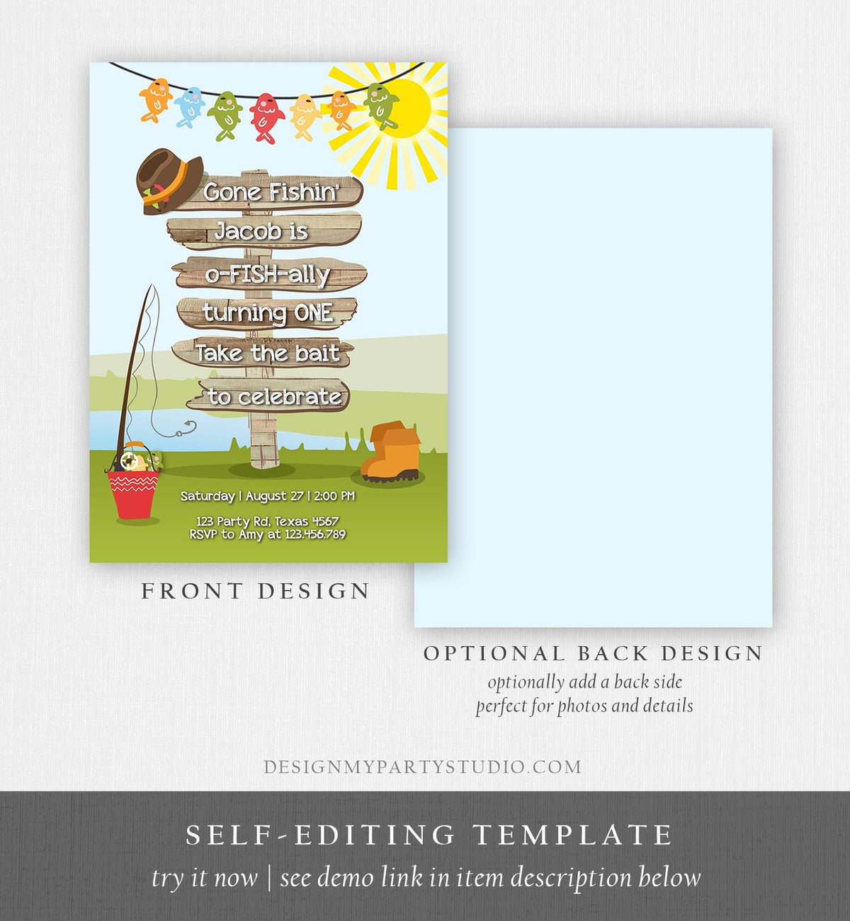 Editable First Birthday Fishing Invitation Fishing Party The Big One O-fish-al Gone Fishing Boy Download Printable Template Corjl 0080