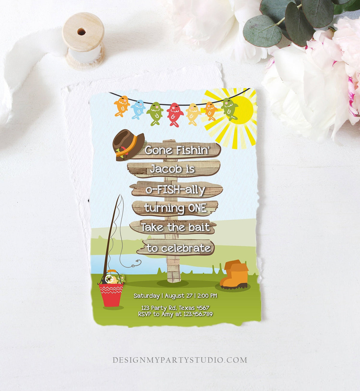 Editable First Birthday Fishing Invitation Fishing Party The Big One O-fish-al Gone Fishing Boy Download Printable Template Corjl 0080
