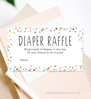 Editable Diaper Raffle Ticket Confetti Gender Neutral Blue Pink Gold Diaper Game Ticket Baby Shower Insert Template PRINTABLE Corjl 0133