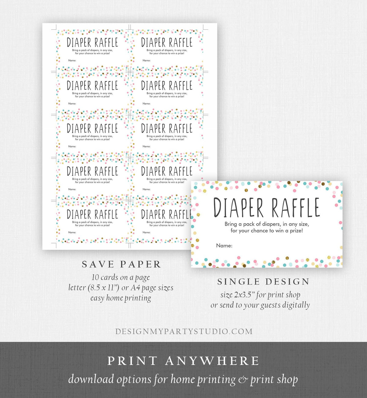 Editable Diaper Raffle Ticket Confetti Gender Neutral Blue Pink Gold Diaper Game Ticket Baby Shower Insert Template PRINTABLE Corjl 0133