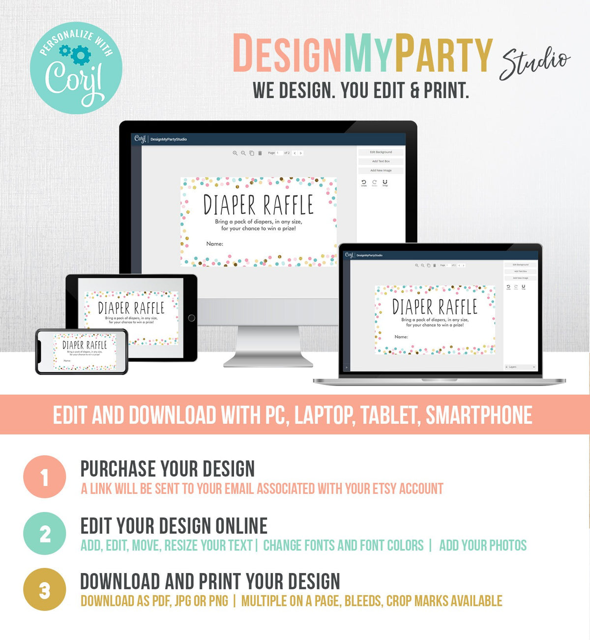 Editable Diaper Raffle Ticket Confetti Gender Neutral Blue Pink Gold Diaper Game Ticket Baby Shower Insert Template PRINTABLE Corjl 0133