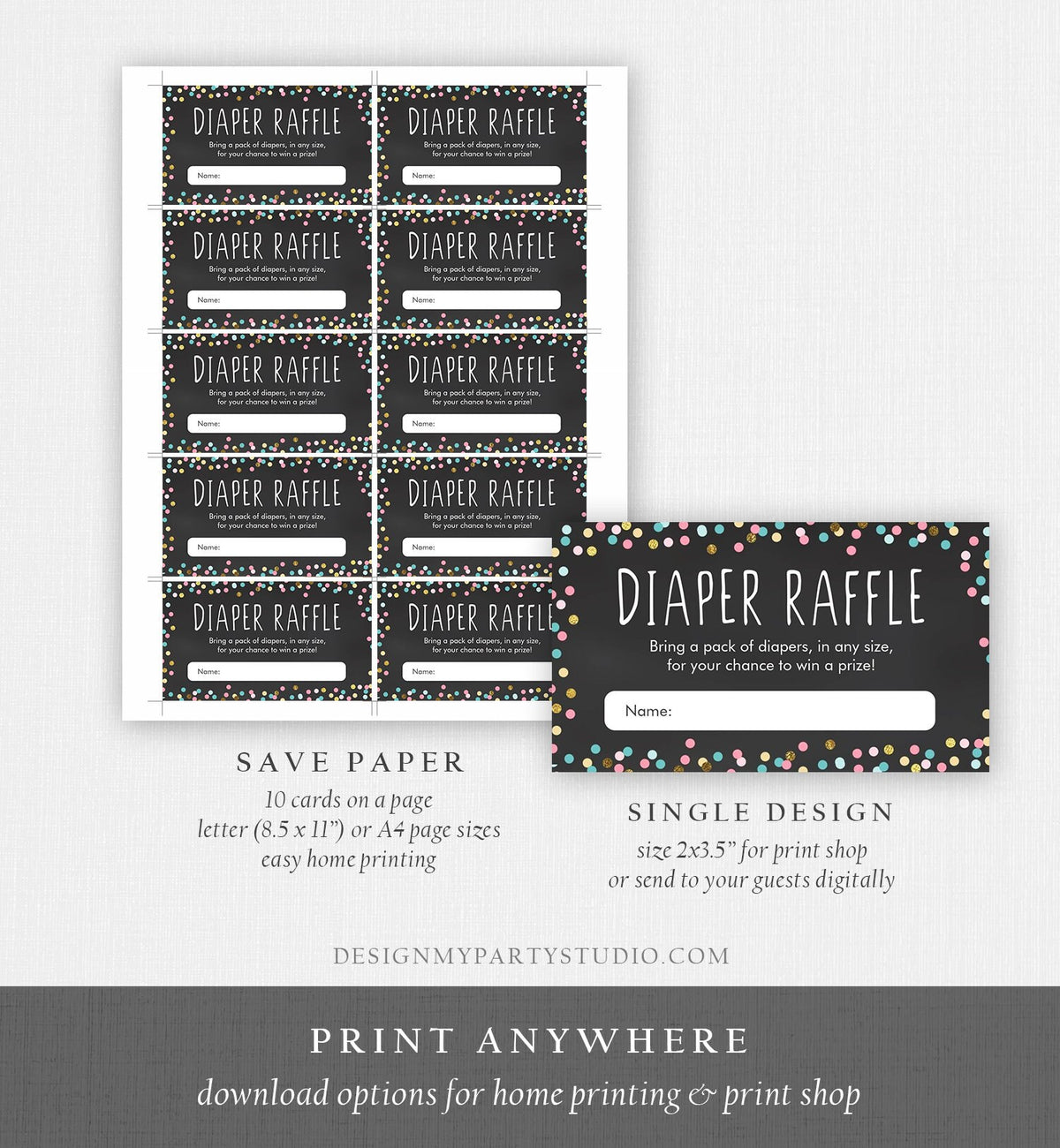 Editable Diaper Raffle Ticket Confetti Gender Neutral Blue Pink Gold Diaper Game Ticket Baby Shower Insert Template PRINTABLE Corjl 0133