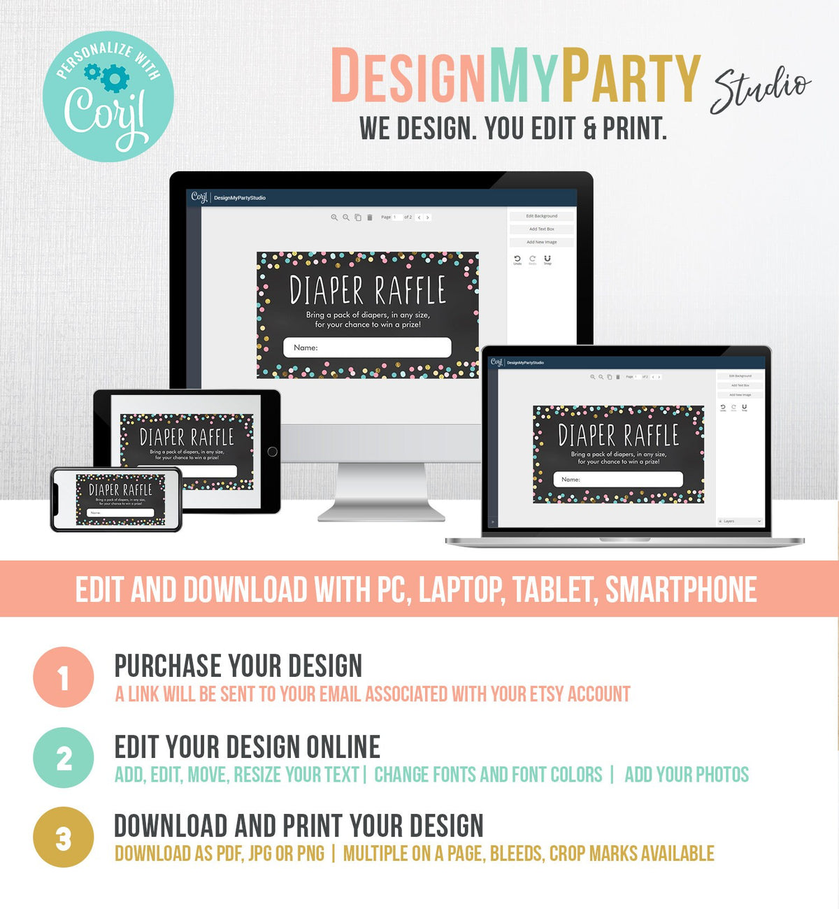 Editable Diaper Raffle Ticket Confetti Gender Neutral Blue Pink Gold Diaper Game Ticket Baby Shower Insert Template PRINTABLE Corjl 0133