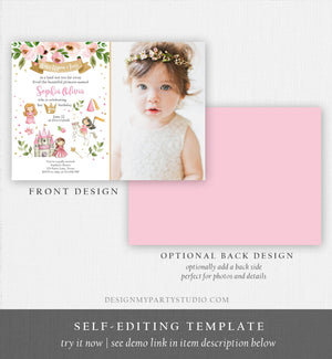 Editable Princess Birthday invitation Princess Party Girls Once Upon a Time Pink Gold Floral Download Printable Template Editable Corjl 0171