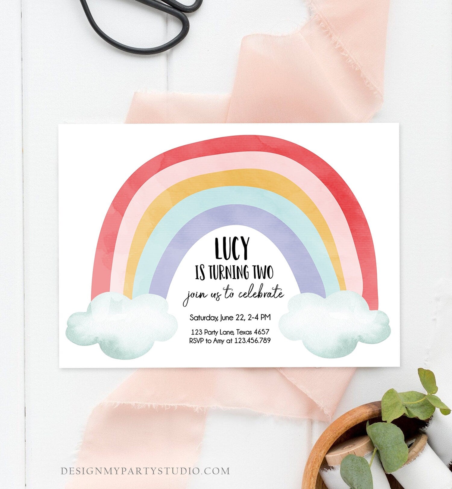 Editable Rainbow Birthday Invitation Kids Girl Boy Neutral Party Clouds Colorful Rainbow Colors Printable Corjl Template Digital 0272