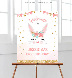 Editable Bunny Welcome Sign Bunny Birthday Welcome Sign Girl Pink Gold Floral Flowers Spring Bunny Face Easter Template PRINTABLE Corjl 0238