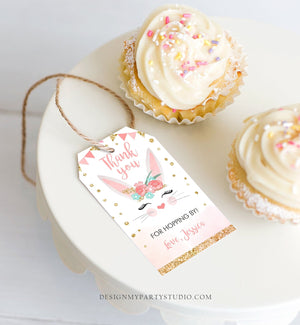 Editable Bunny Favor Tags Birthday Thank you Tag Hopping by Bunny Face Labels Gift Tags Girl Pink Gold Floral Template PRINTABLE Corjl 0238