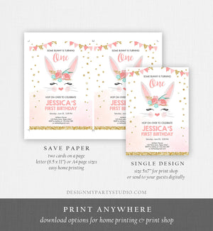 Editable Bunny Birthday Invitation Girl Birthday Pink Gold Floral Bunny Face Spring Birthday Easter Printable Template Download Corjl 0238